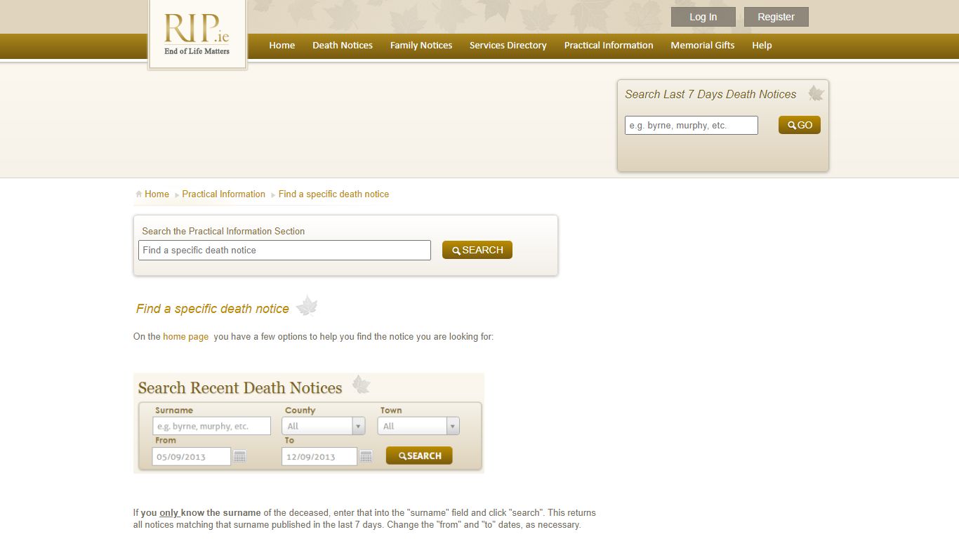 Find a specific death notice - RIP.ie